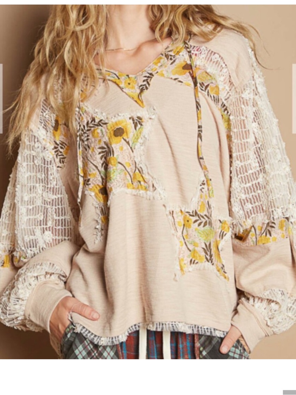POL Hoodie V-neck top in textured knit with lace patch, star patch.